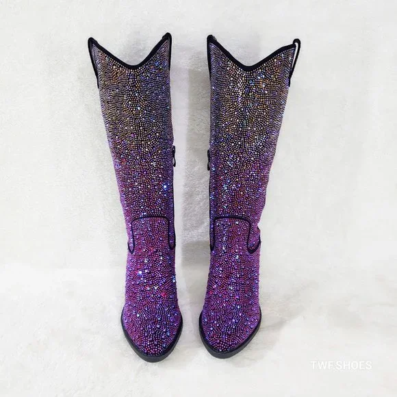 Western Glow Multi Purple Ombre Rhinestone Disco Cowgirl Knee Boots - Picture 10 of 17